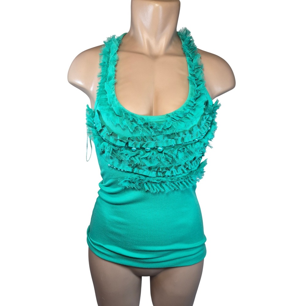 VTG Y2K Layla Green Ruffle Pearl Ribbed Tank Top Mcbling Indie Sleaze Coquette S